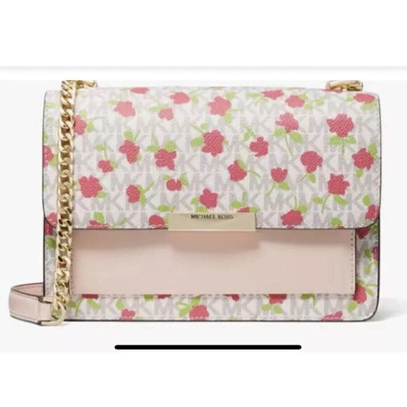 Michael Kors Jade Shoulder Bag Vanilla Pink Multicolor Floral Roses Print - Picture 1 of 9